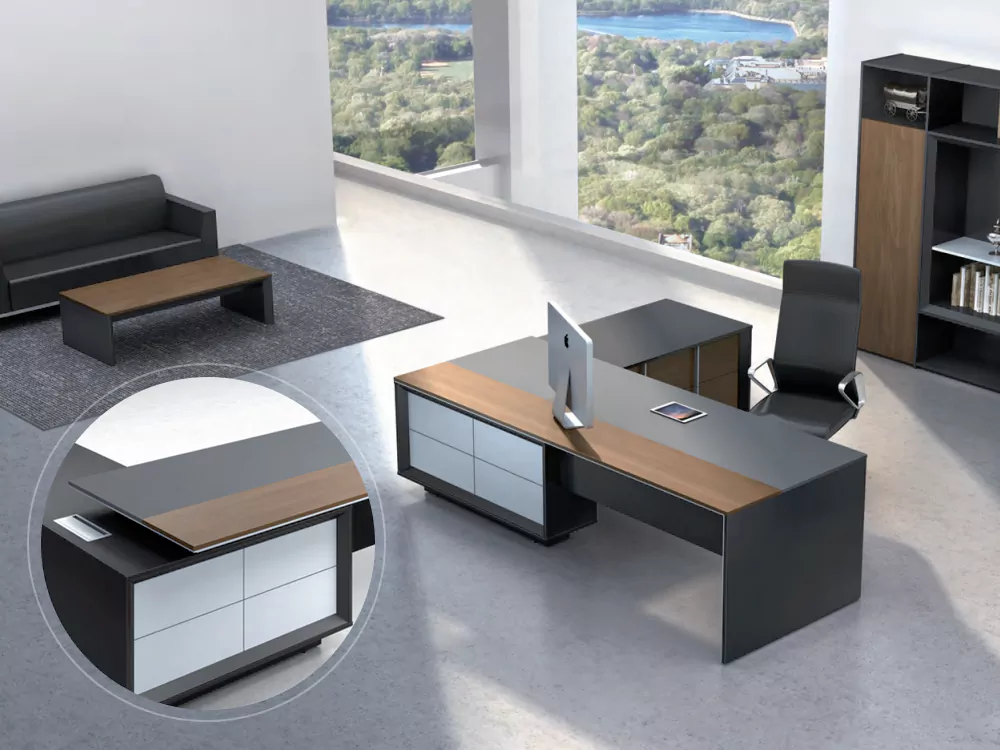 Grey and Wooden Boss Cabin Office Table Furniture Design